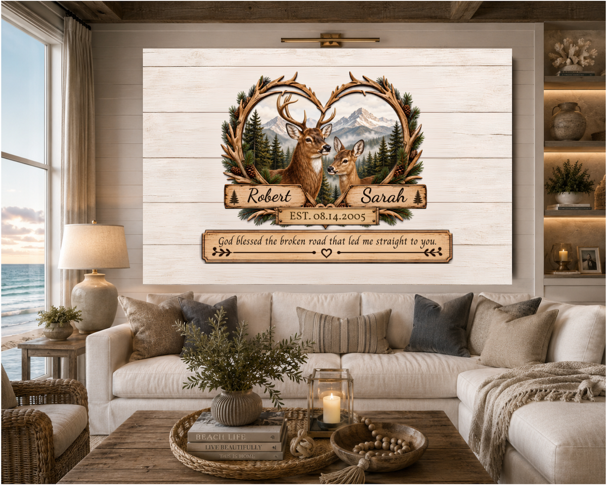 Personalized Deer Couple Canvas | Custom Names & Date Rustic Deer Wall Art | Romantic Woodland Anniversary Gift for Couples