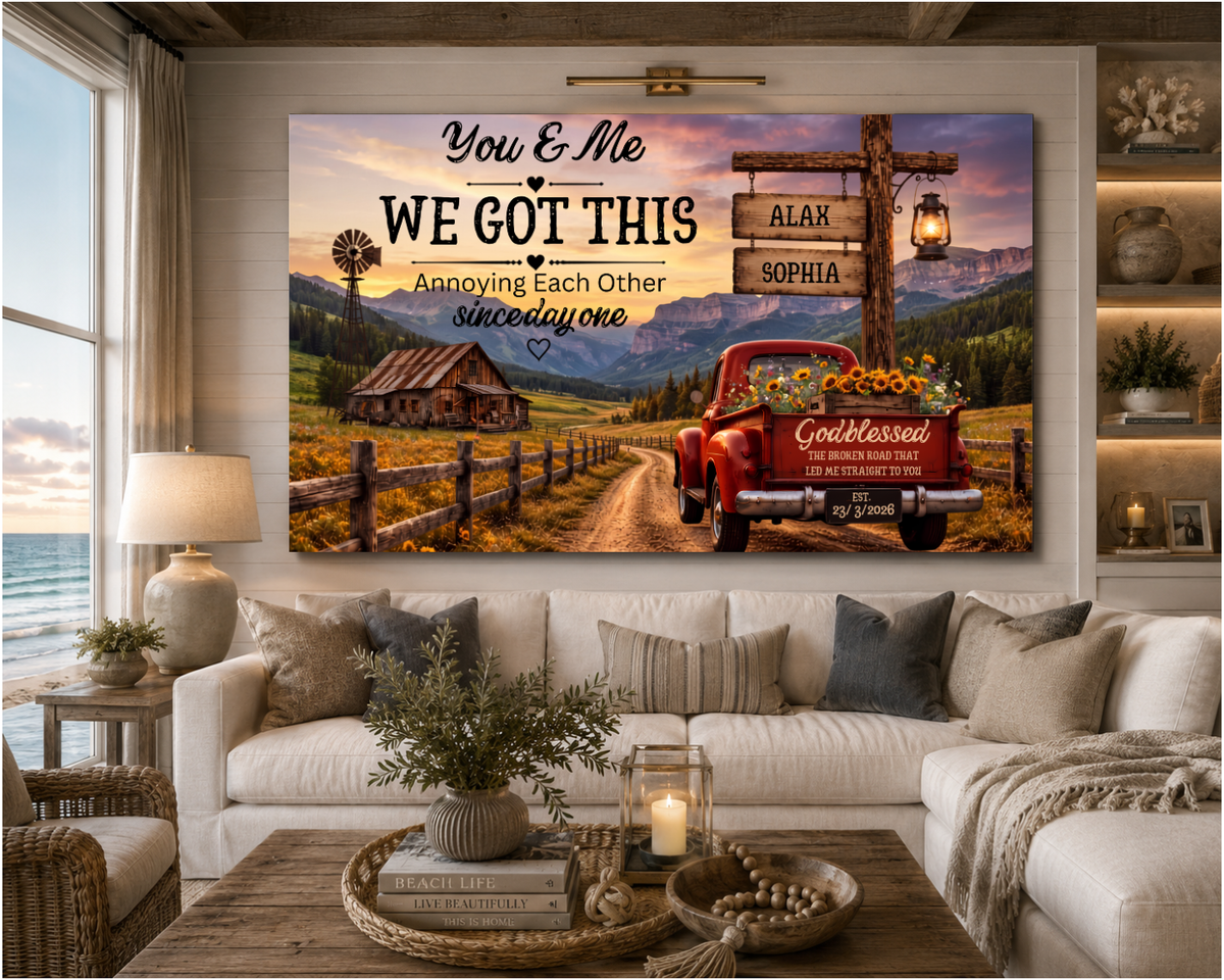 Personalized Couple Farmhouse Canvas | Custom Names Rustic Red Truck Wall Art | Romantic Country Anniversary Gift