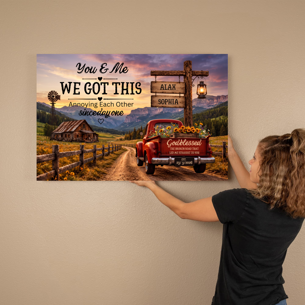 Personalized Couple Farmhouse Canvas | Custom Names Rustic Red Truck Wall Art | Romantic Country Anniversary Gift