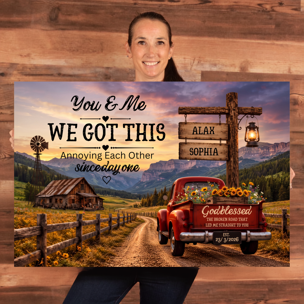 Personalized Couple Farmhouse Canvas | Custom Names Rustic Red Truck Wall Art | Romantic Country Anniversary Gift