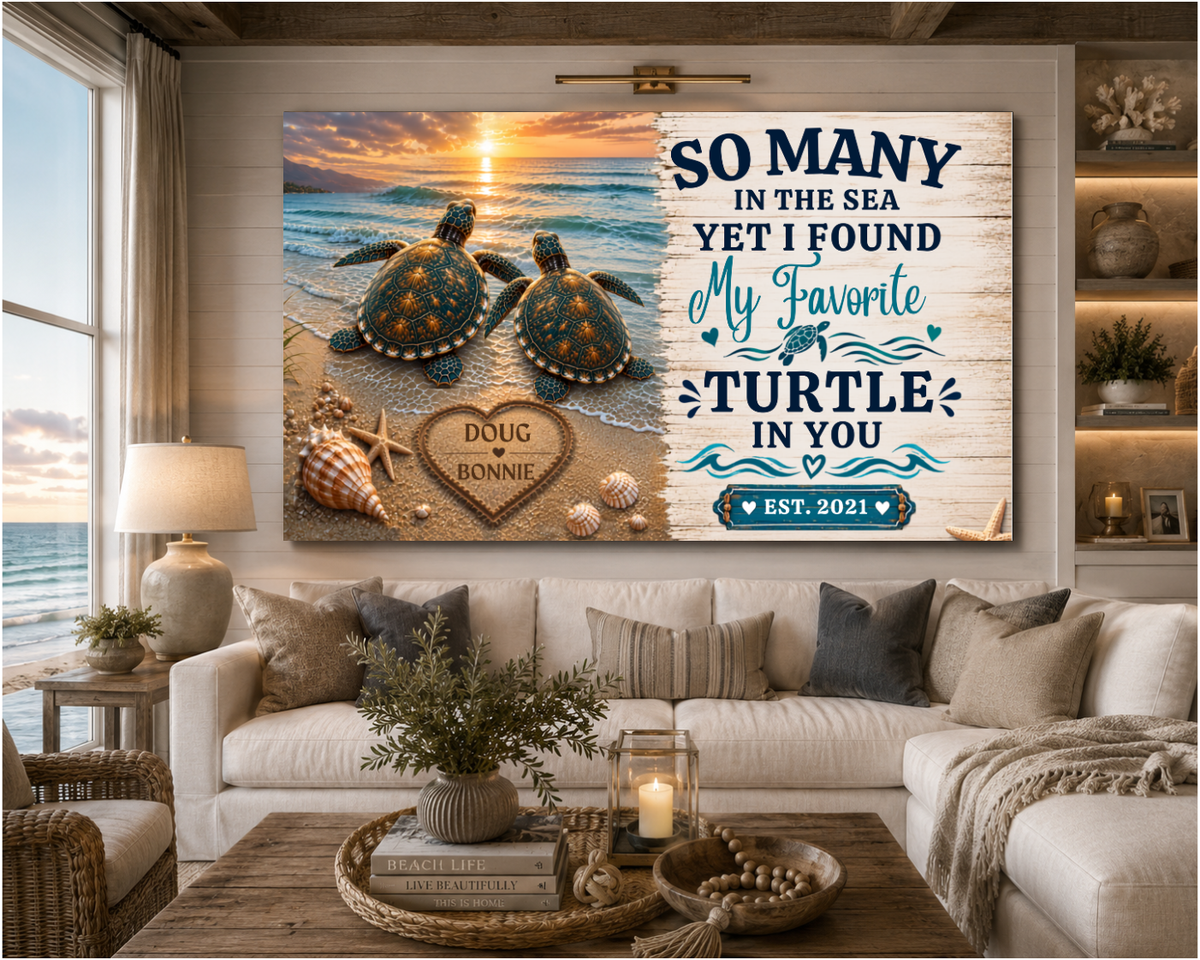 Personalized Sea Turtle Couple Canvas | Custom Names & Date Ocean Wall Art | Romantic Beach Anniversary Gift for Couples