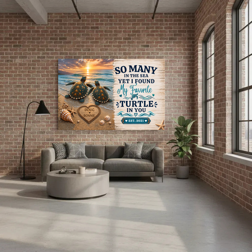 Personalized Sea Turtle Couple Canvas | Custom Names & Date Ocean Wall Art | Romantic Beach Anniversary Gift for Couples