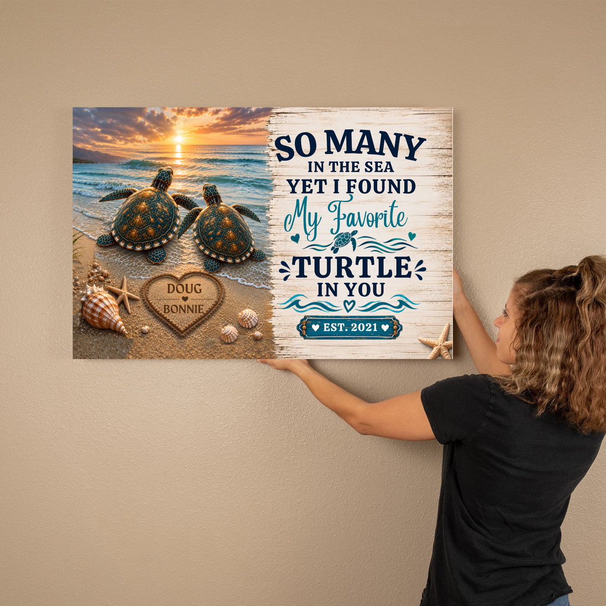 Personalized Sea Turtle Couple Canvas | Custom Names & Date Ocean Wall Art | Romantic Beach Anniversary Gift for Couples