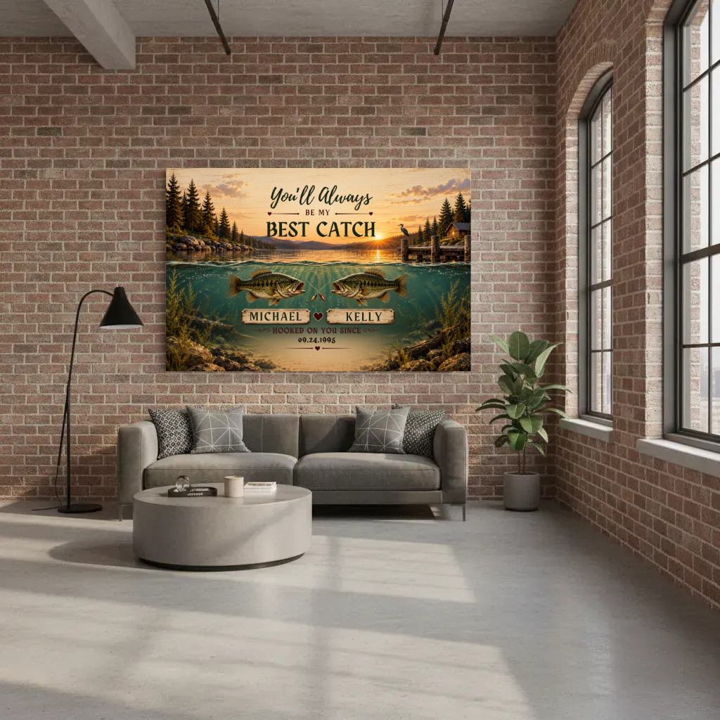 Personalized Fishing Couple Canvas | Custom Names & Date Best Catch Wall Art | Rustic Lake Anniversary Gift for Fishermen