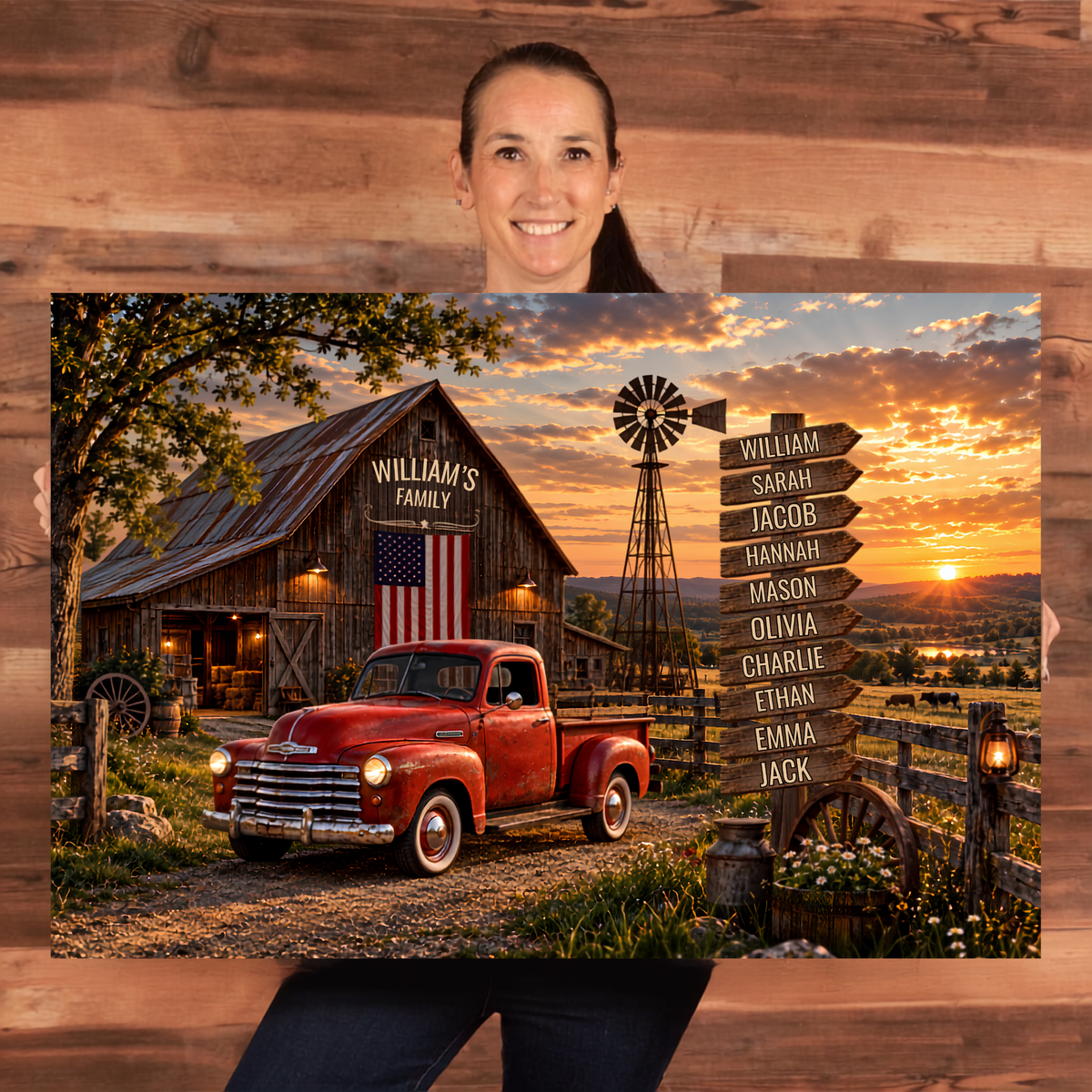 Personalized Family Farmhouse Canvas | Custom Family Name Sign with Wooden Name Boards & Vintage Red Truck | Rustic Country Wall Art