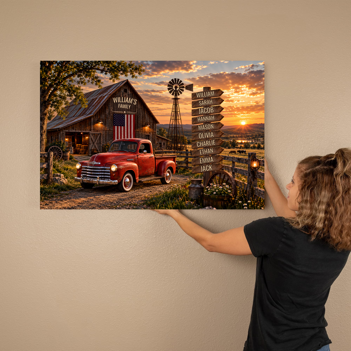 Personalized Family Farmhouse Canvas | Custom Family Name Sign with Wooden Name Boards & Vintage Red Truck | Rustic Country Wall Art