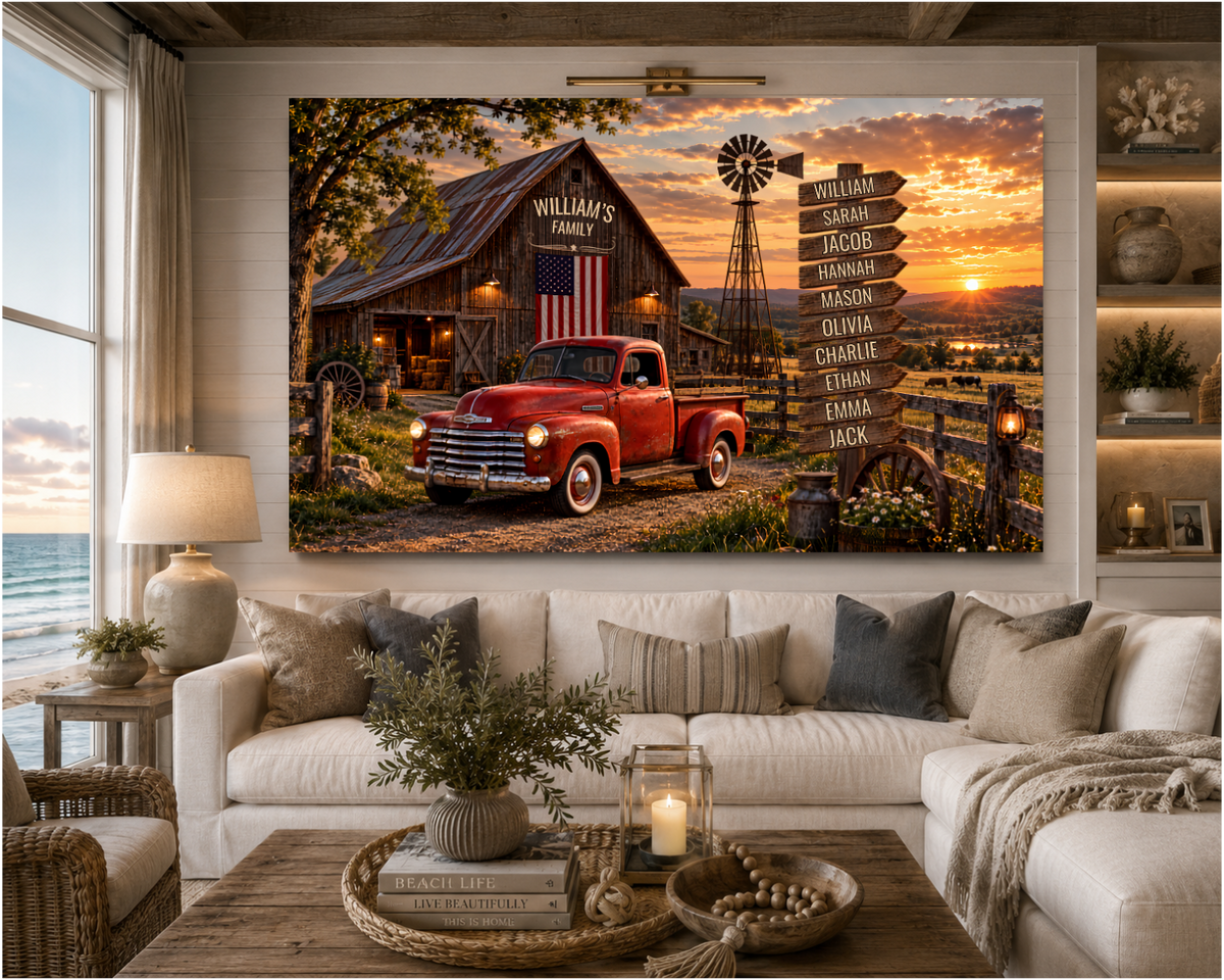 Personalized Family Farmhouse Canvas | Custom Family Name Sign with Wooden Name Boards & Vintage Red Truck | Rustic Country Wall Art
