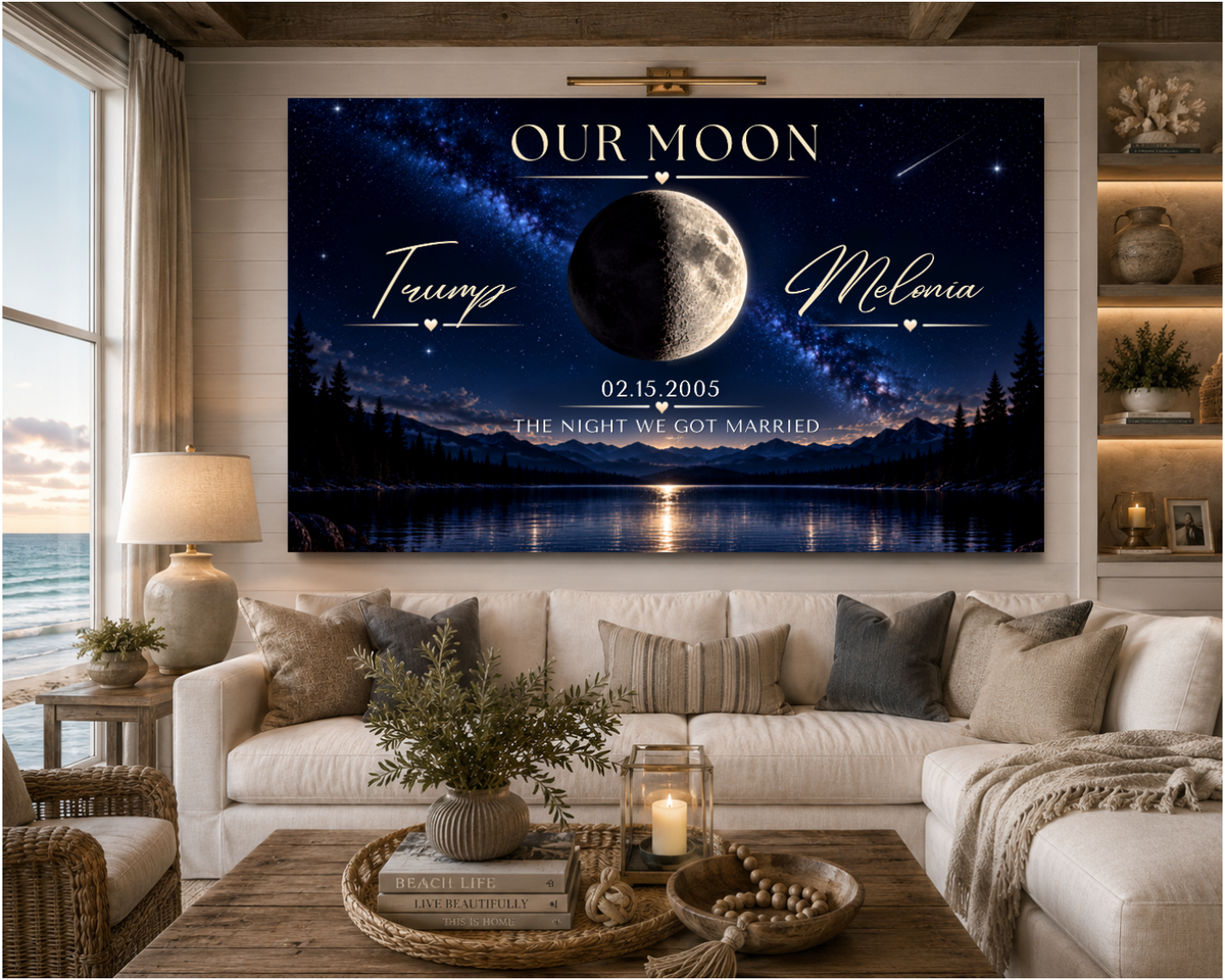 Personalized Our Moon Canvas | Custom Couple Names & Anniversary Date Moon Wall Art | Romantic Night Sky Bedroom Decor Gift