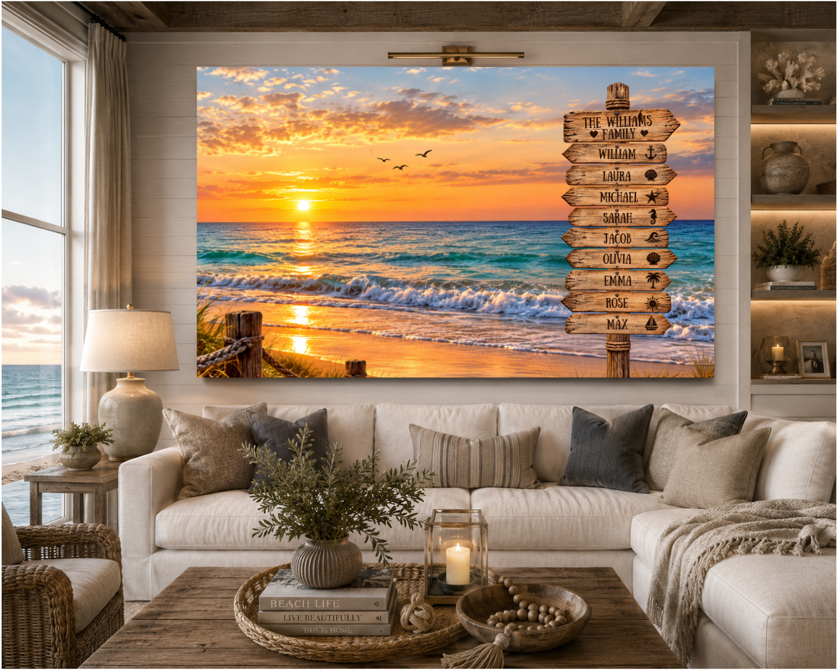 Personalized Family Beach Canvas | Custom Family Names Coastal Sunset Wall Art | Rustic Ocean Family Home Decor Gift