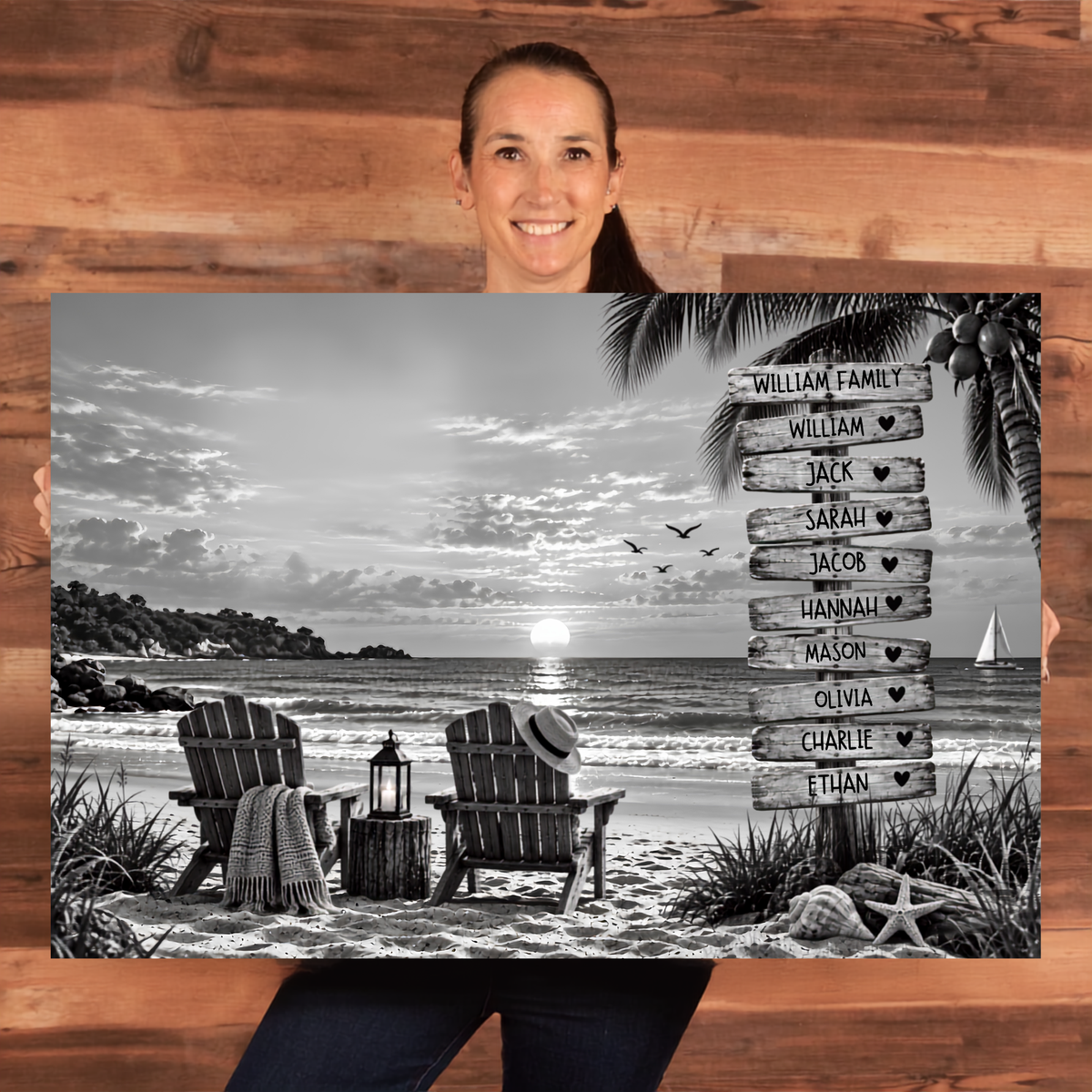 Personalized Family Beach Canvas | Custom Family Names Coastal Wall Art | Rustic Ocean Sunset Family Gift & Home Decor