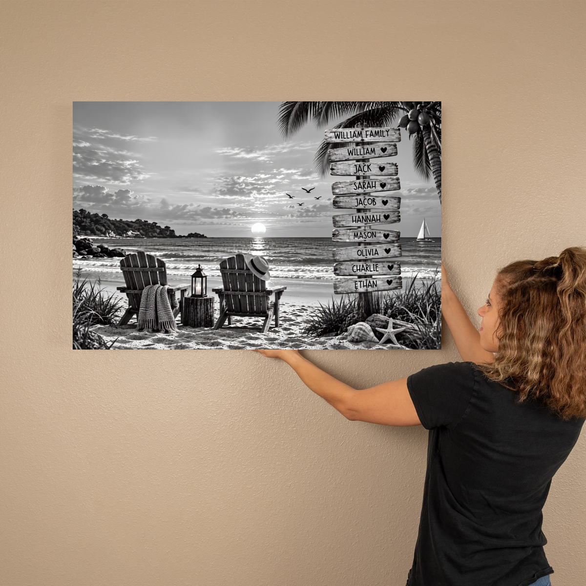 Personalized Family Beach Canvas | Custom Family Names Coastal Wall Art | Rustic Ocean Sunset Family Gift & Home Decor