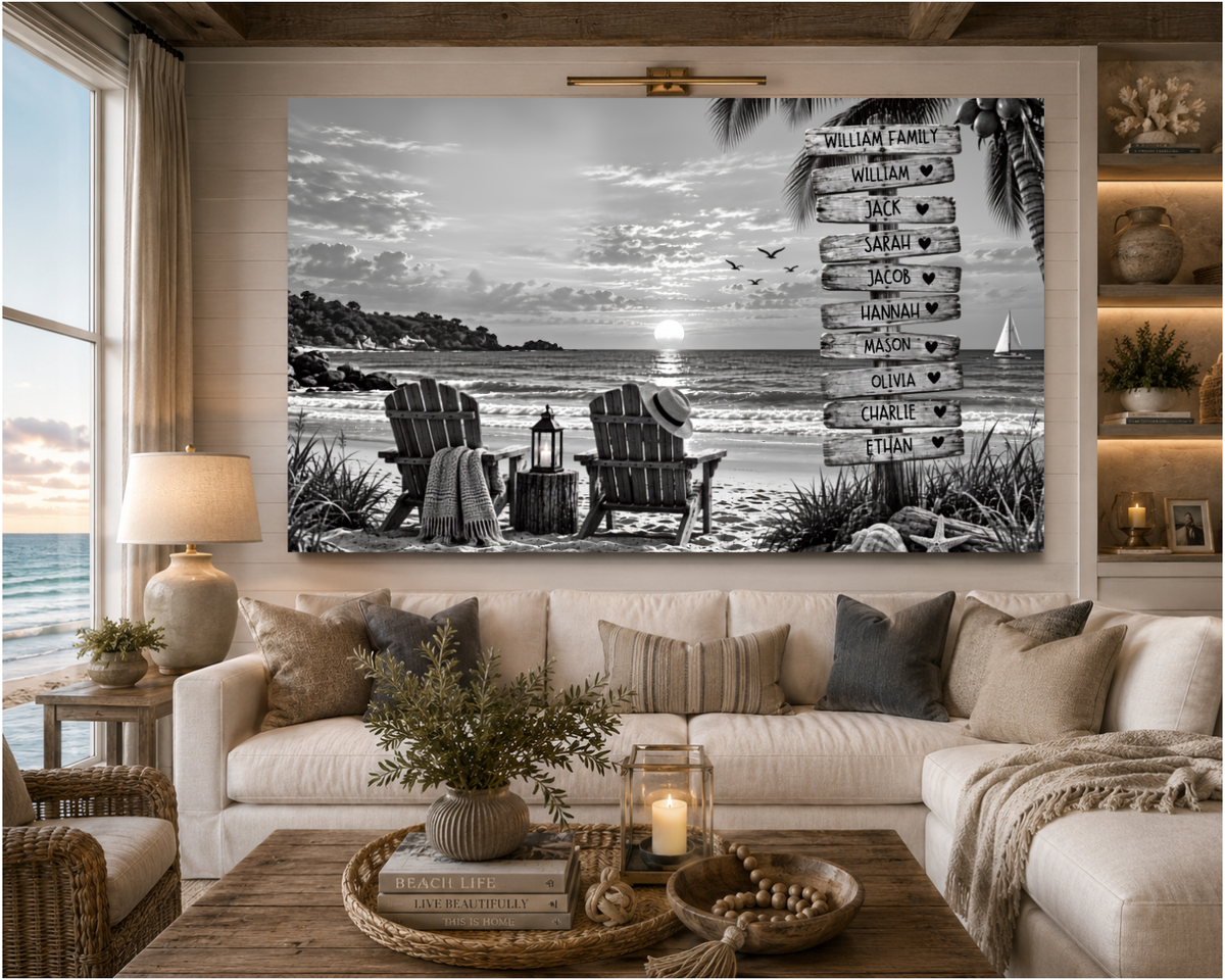 Personalized Family Beach Canvas | Custom Family Names Coastal Wall Art | Rustic Ocean Sunset Family Gift & Home Decor