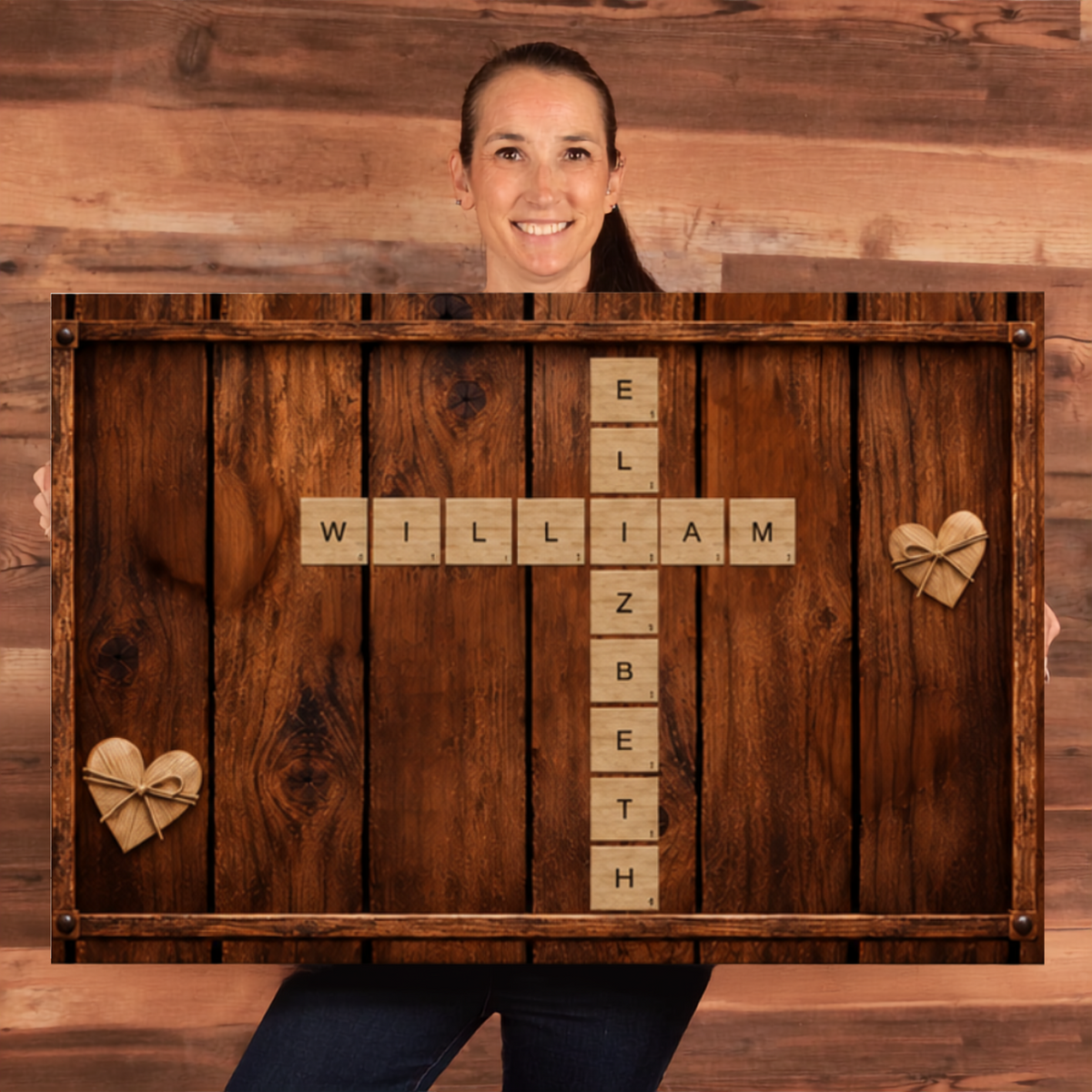 Personalized Couple Scrabble Wall Art | Custom Name Crossword Wood Canvas | Rustic Farmhouse Wedding Anniversary Gift for Couples