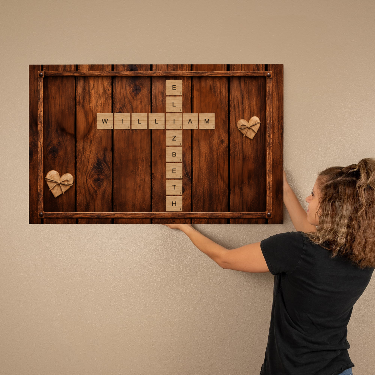 Personalized Couple Scrabble Wall Art | Custom Name Crossword Wood Canvas | Rustic Farmhouse Wedding Anniversary Gift for Couples