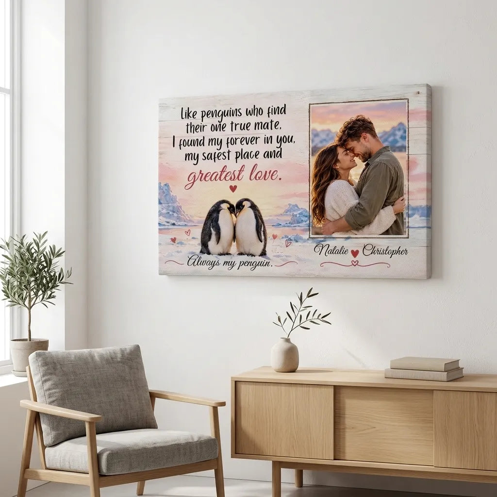 Personalized Penguin Couple Canvas, Custom Photo Love Wall Art, Always My Penguin Romantic Anniversary Gift