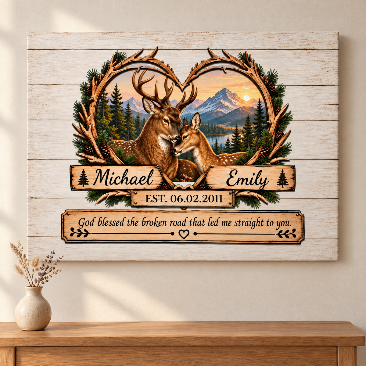Deer couple canvas hanging above a console table