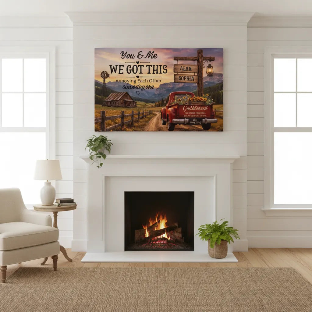 Personalized Couple Farmhouse Canvas | Custom Names Rustic Red Truck Wall Art | Romantic Country Anniversary Gift