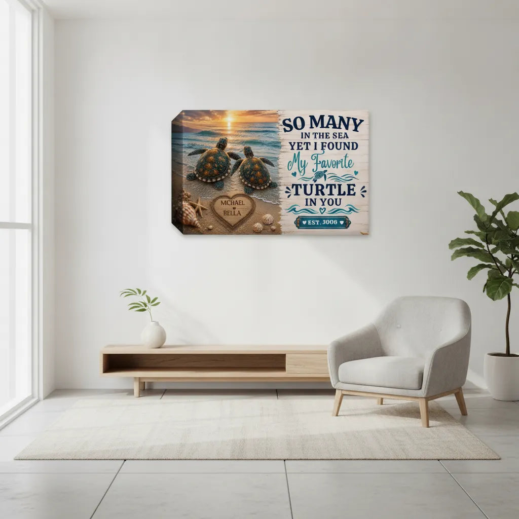 Personalized Sea Turtle Couple Canvas | Custom Names & Date Ocean Wall Art | Romantic Beach Anniversary Gift for Couples