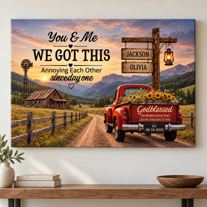 Personalized Couple Farmhouse Canvas | Rustic Red Truck Anniversary Gift