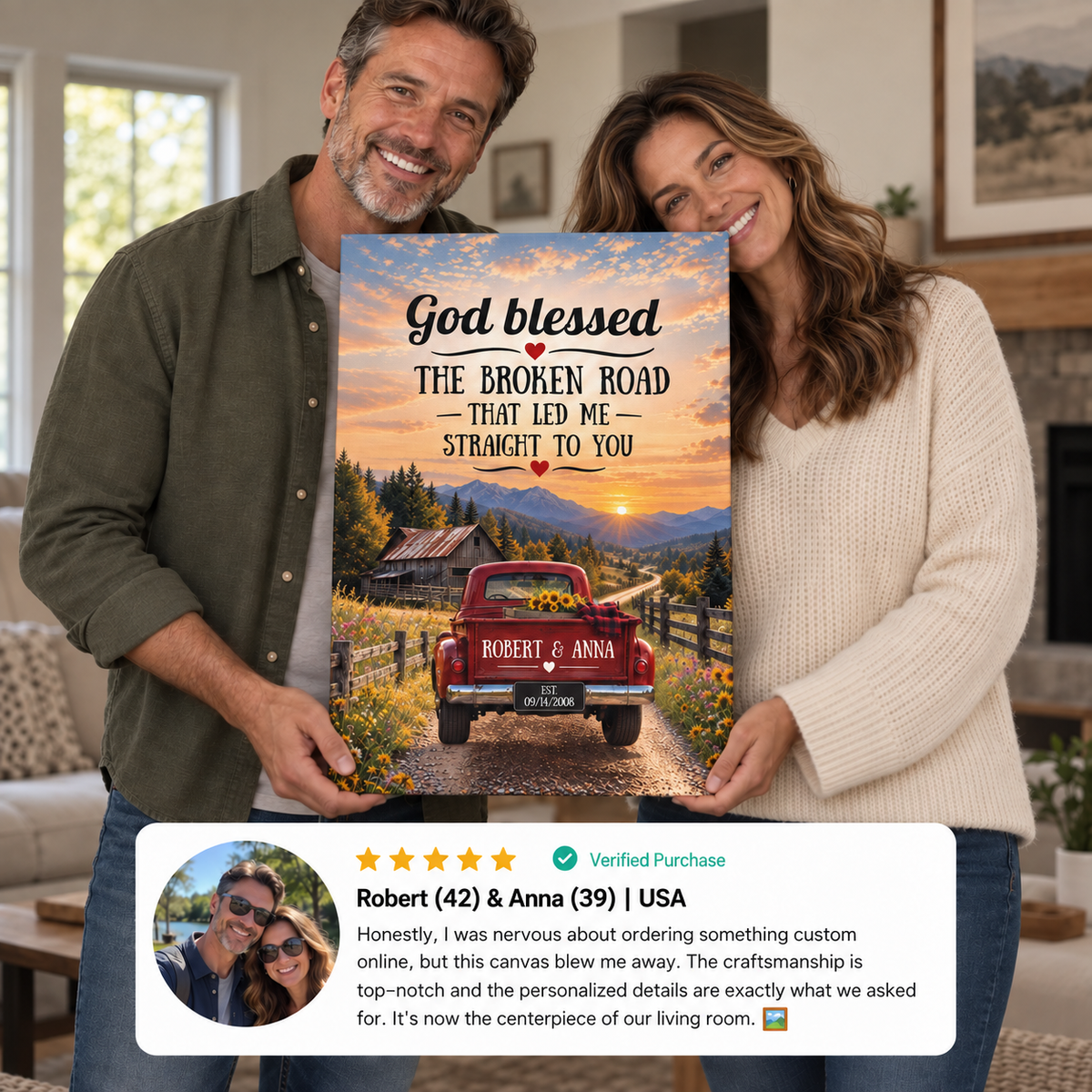 "God Bless The Broken Road" Personalized Couple Canvas Wall Art