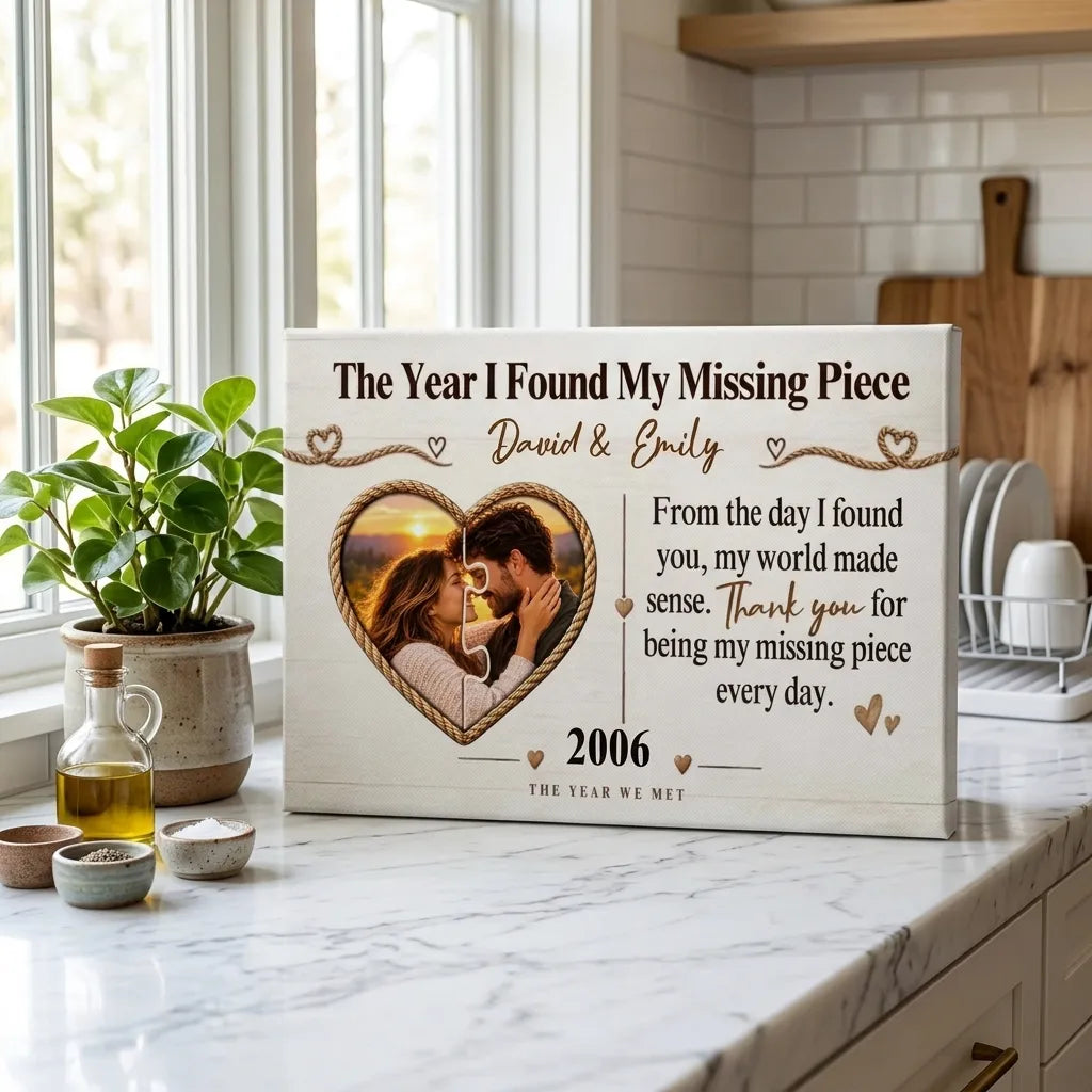 Personalized Missing Piece Couple Canvas, Custom Photo Anniversary Wall Art, Romantic Soulmate Gift with Names and Year