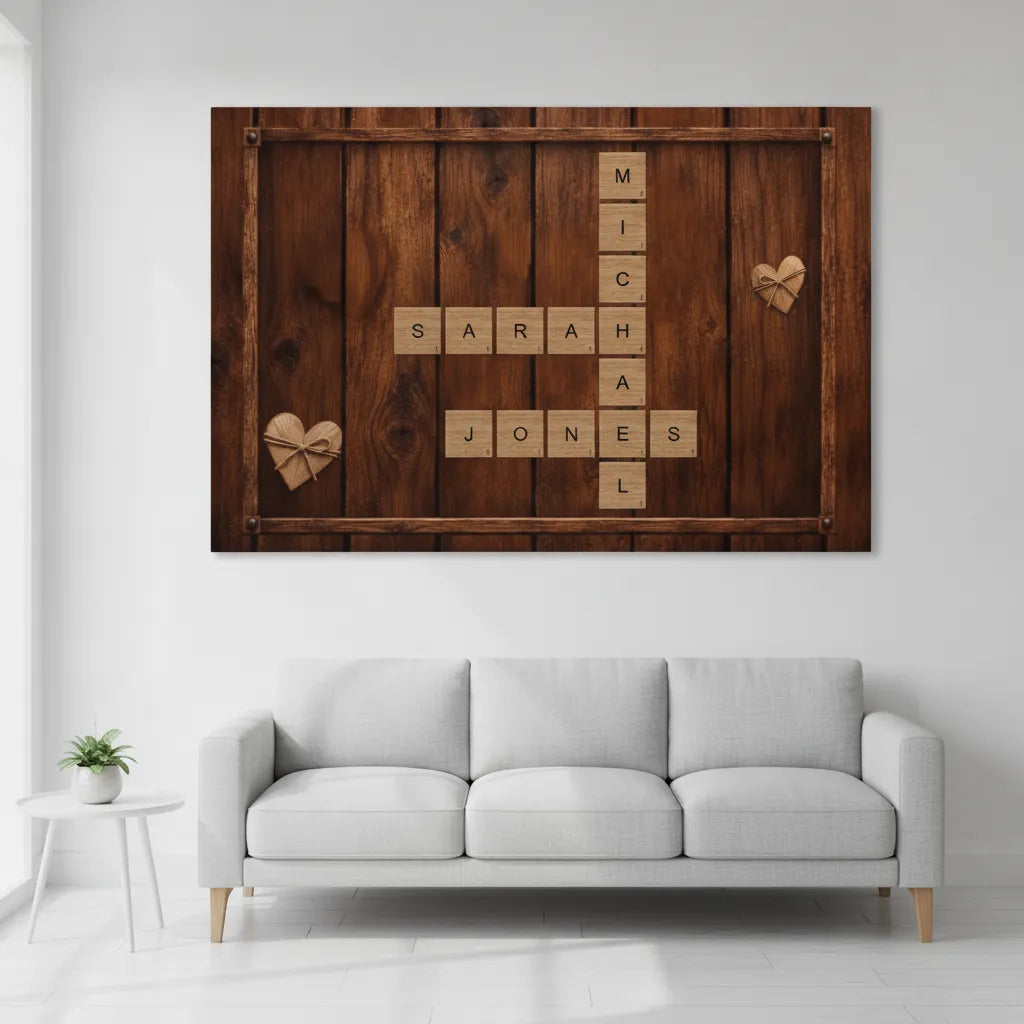Personalized Couple Scrabble Wall Art | Custom Name Crossword Wood Canvas | Rustic Farmhouse Wedding Anniversary Gift for Couples