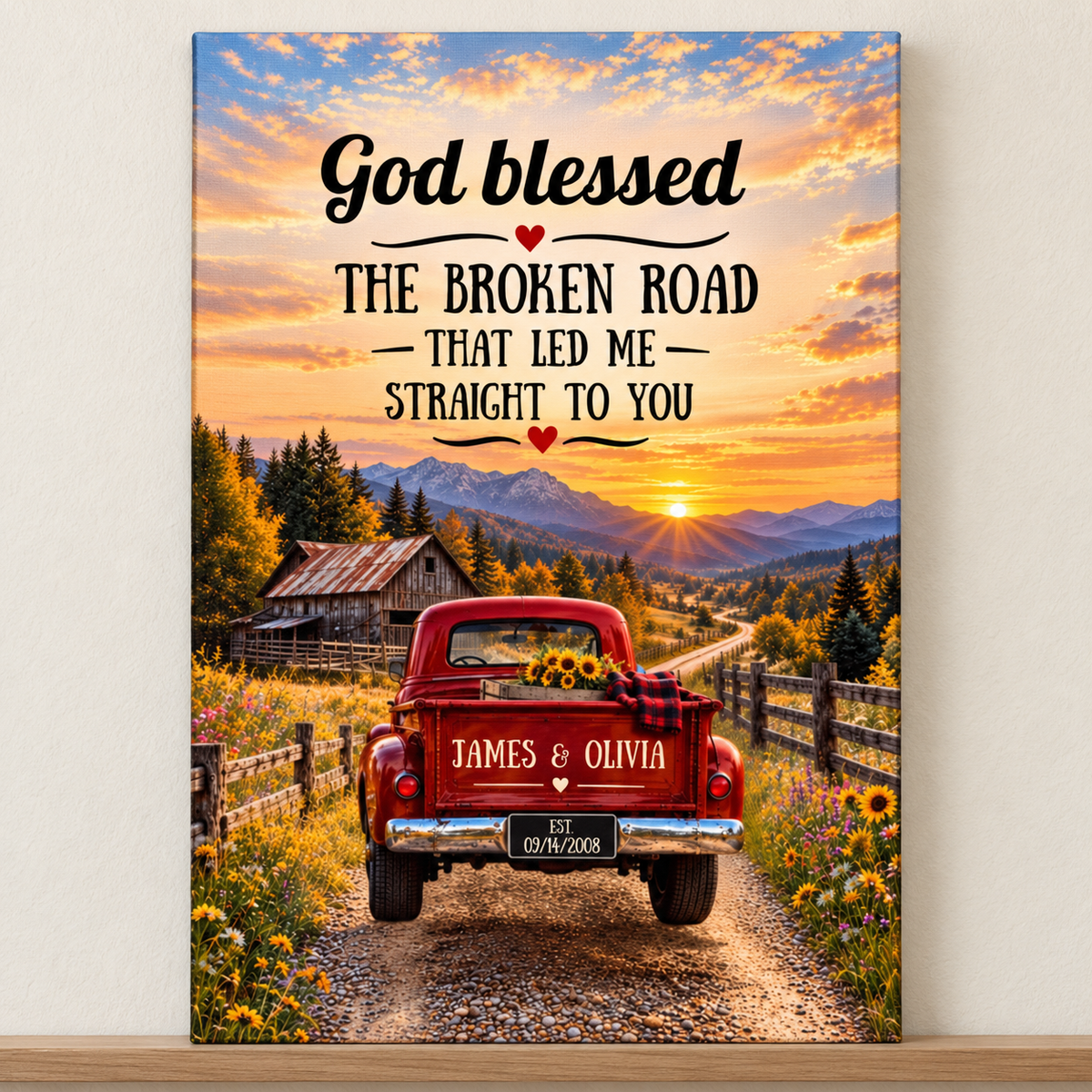 "God Bless The Broken Road," Personalized Couple Canvas Wall Art