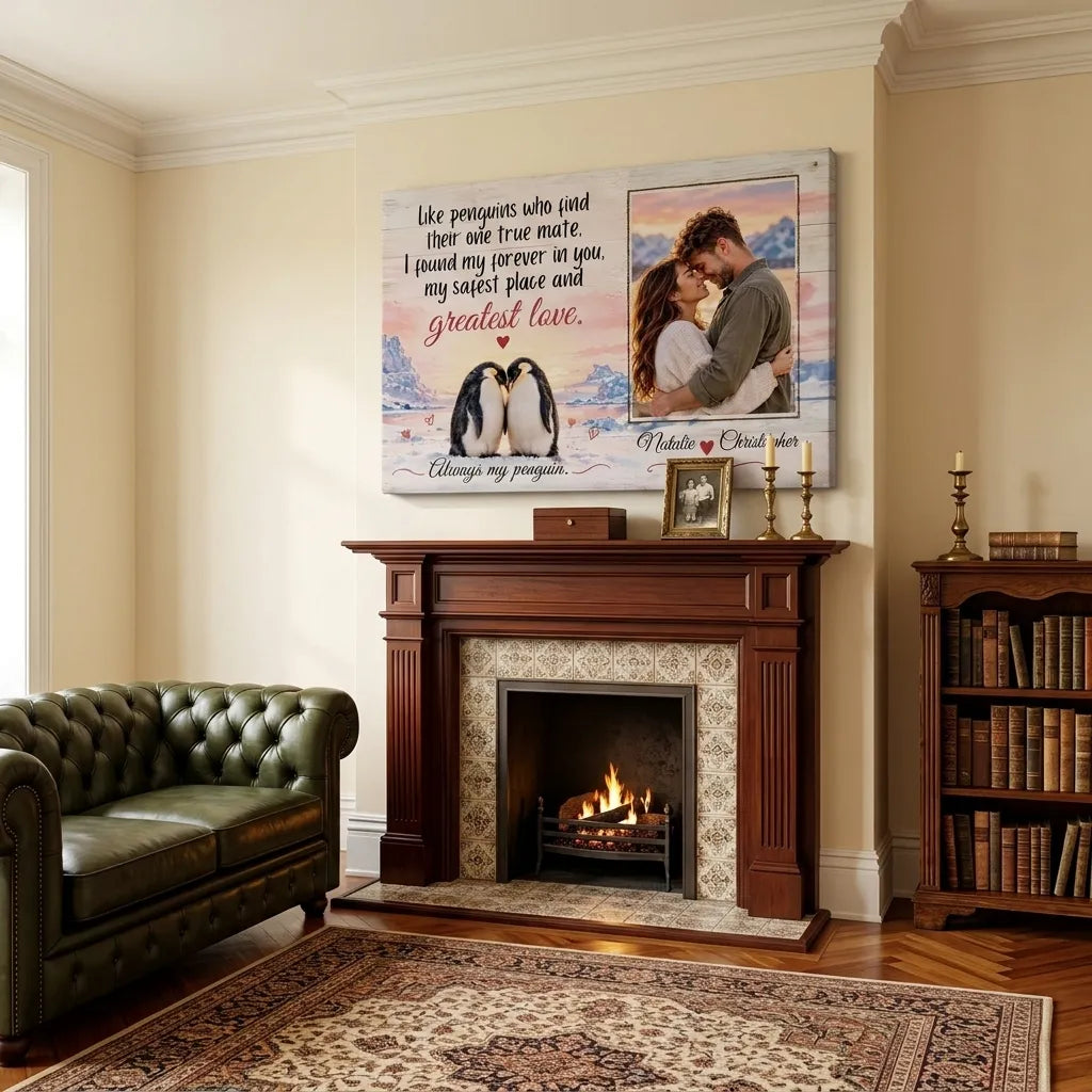 Personalized Penguin Couple Canvas, Custom Photo Love Wall Art, Always My Penguin Romantic Anniversary Gift