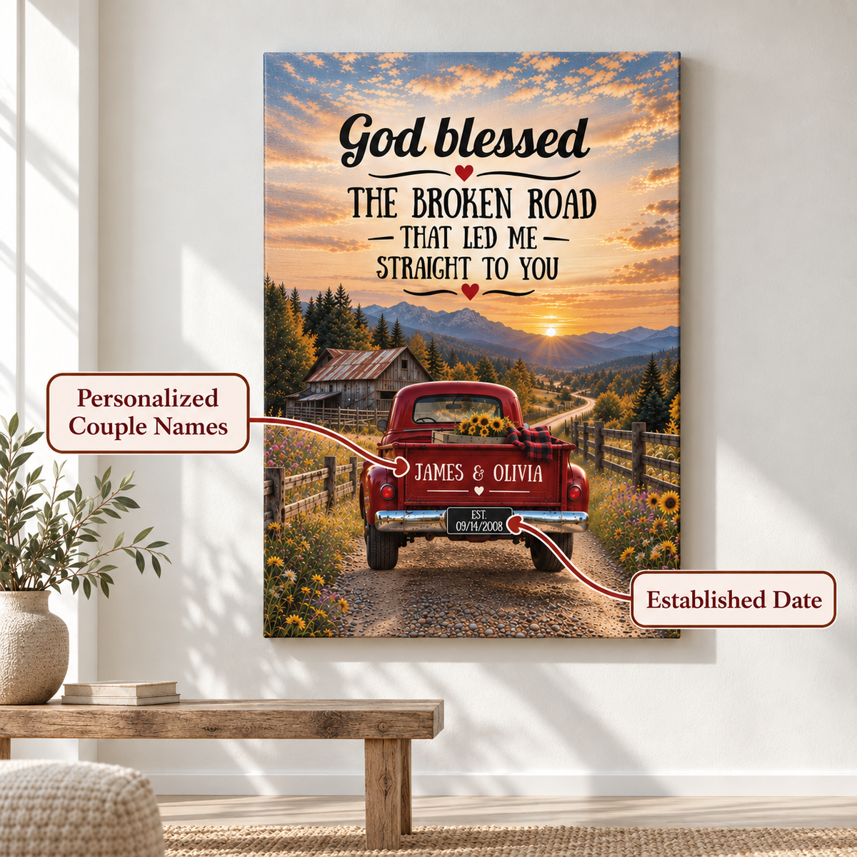 "God Bless The Broken Road" Personalized Couple Canvas Wall Art