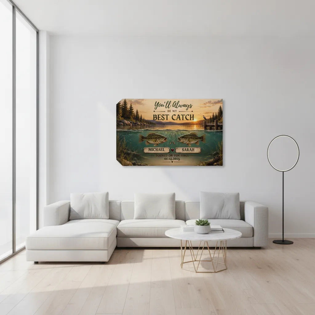 Personalized Fishing Couple Canvas | Custom Names & Date Best Catch Wall Art | Rustic Lake Anniversary Gift for Fishermen