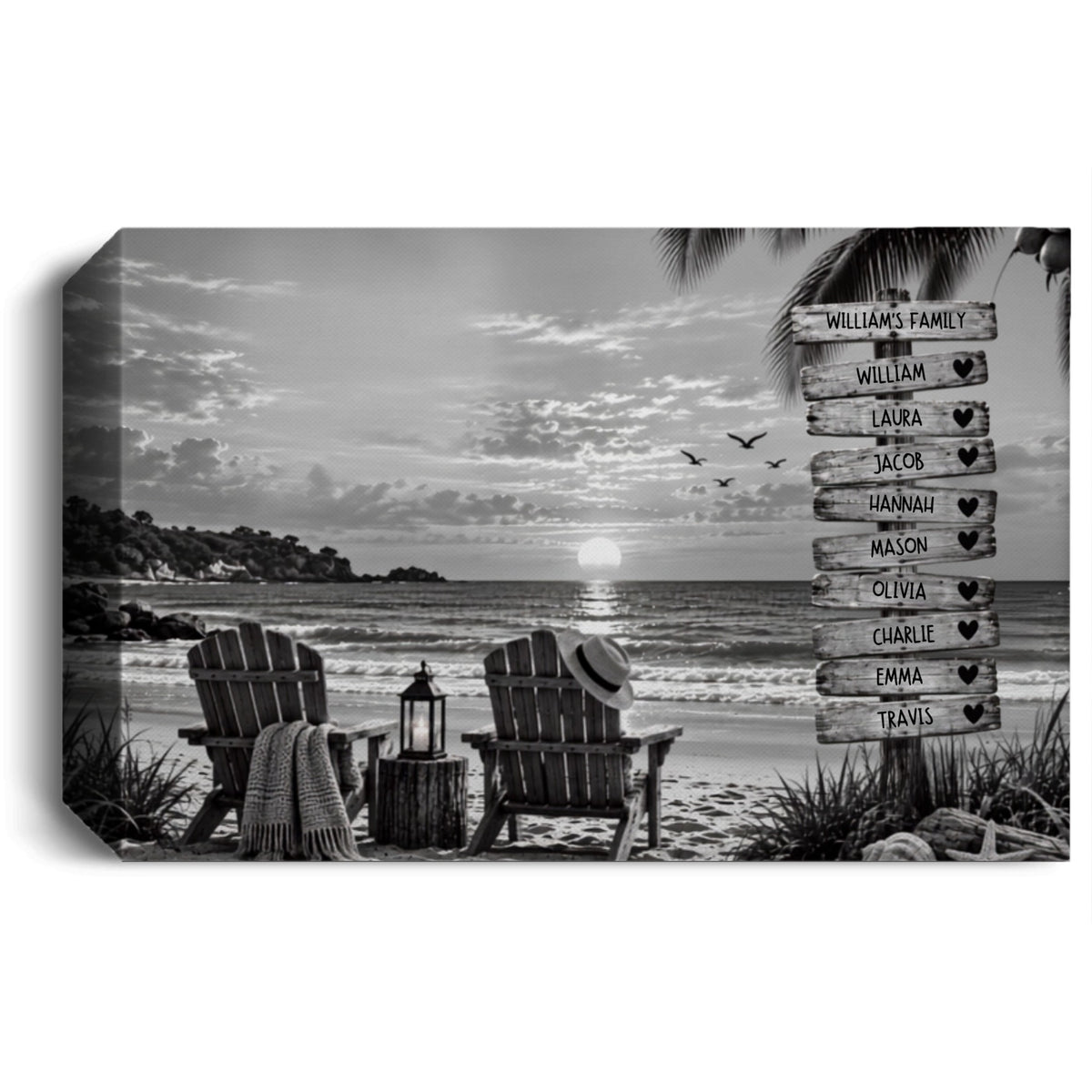 Personalized Family Beach Canvas | Custom Family Names Coastal Wall Art | Rustic Ocean Sunset Family Gift & Home Decor