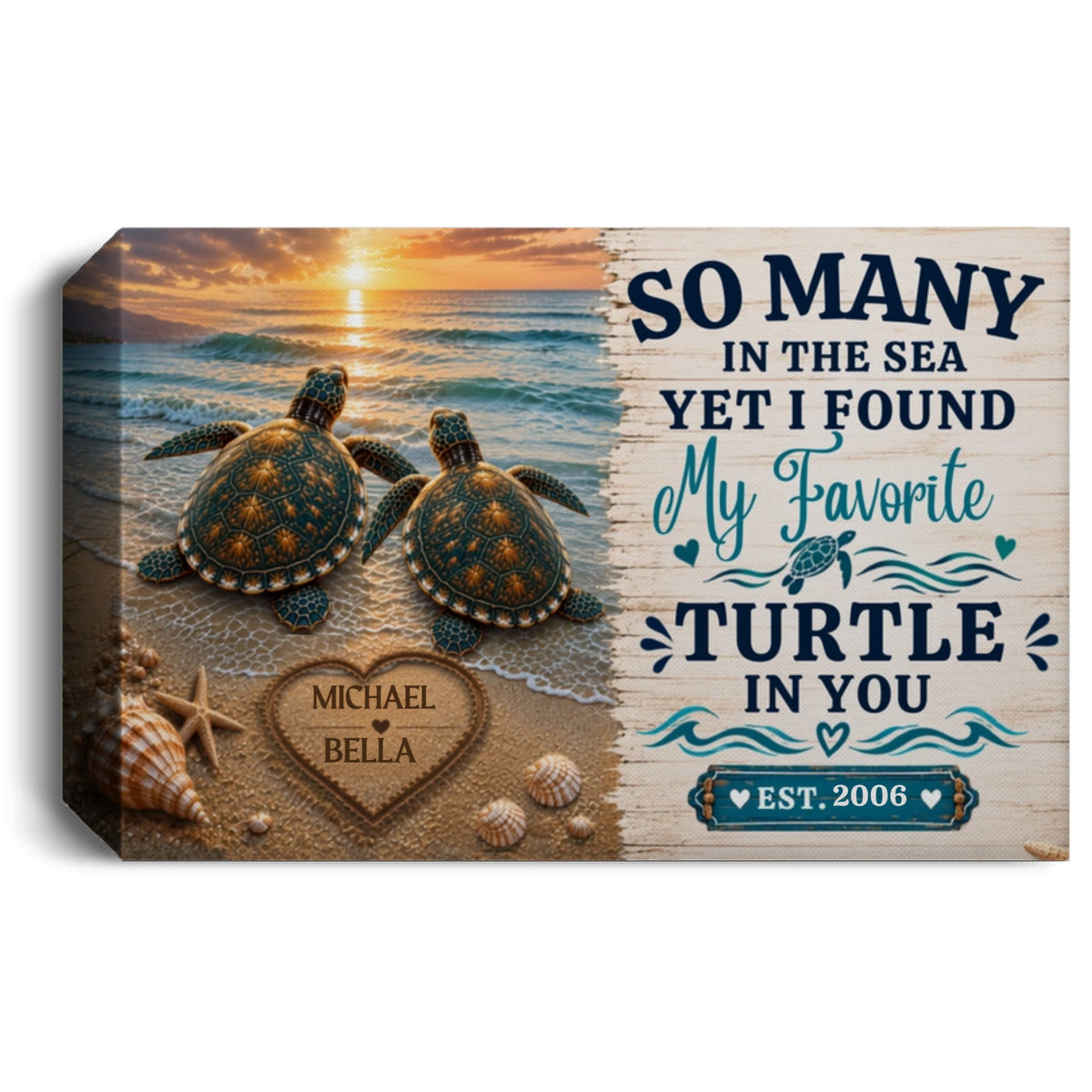 Personalized Sea Turtle Couple Canvas | Custom Names & Date Ocean Wall Art | Romantic Beach Anniversary Gift for Couples