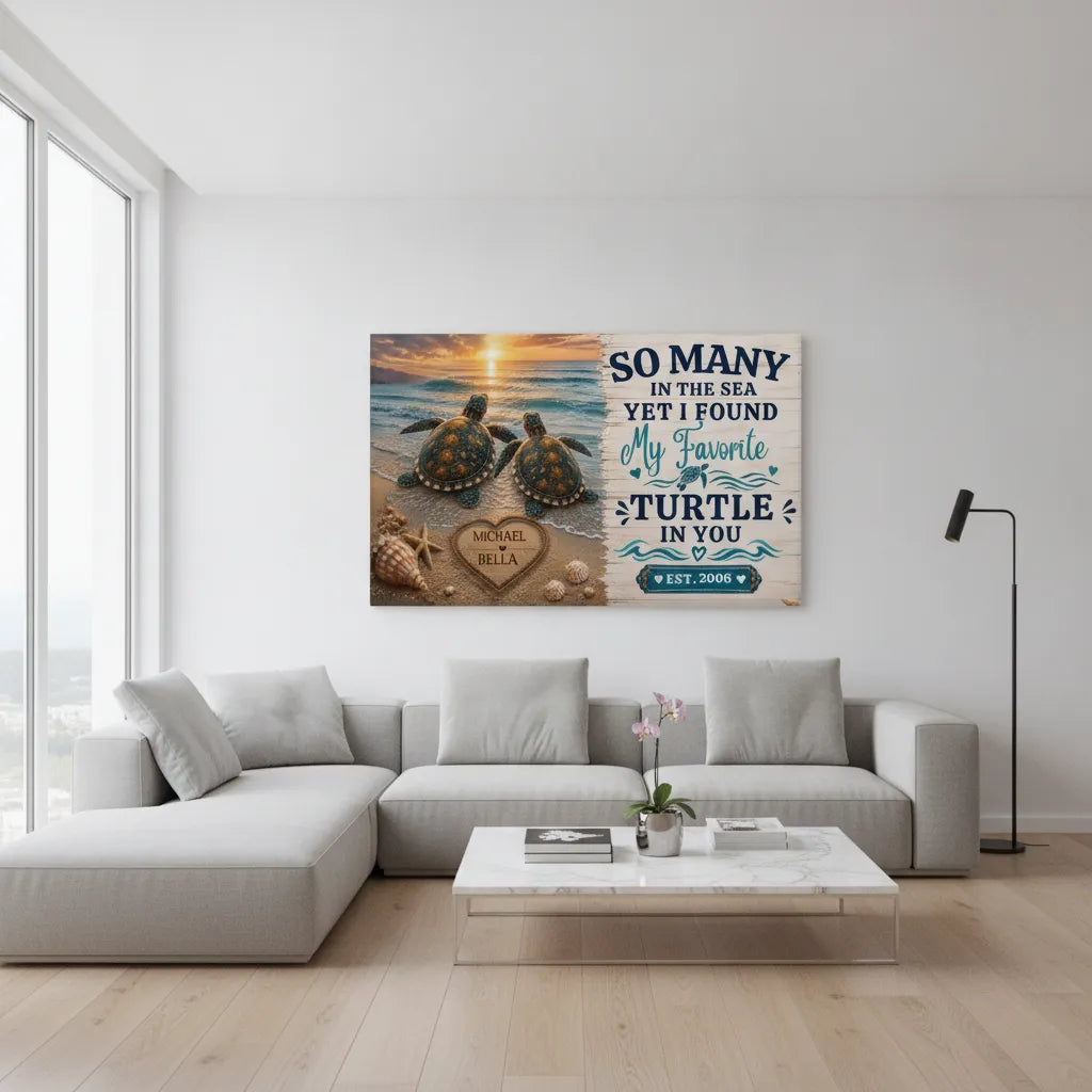 Personalized Sea Turtle Couple Canvas | Custom Names & Date Ocean Wall Art | Romantic Beach Anniversary Gift for Couples