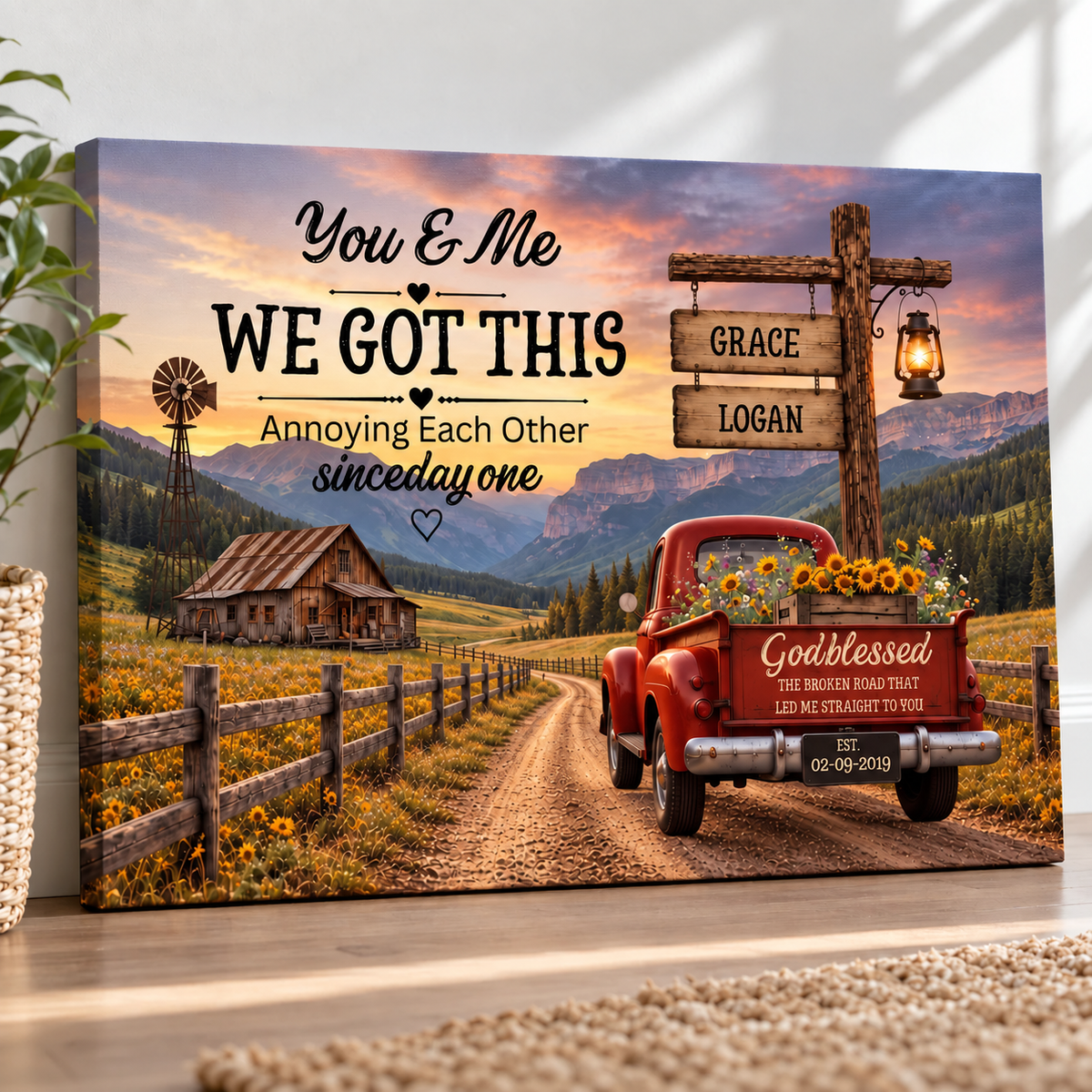 Personalized Couple Farmhouse Canvas | Rustic Red Truck Anniversary Gift