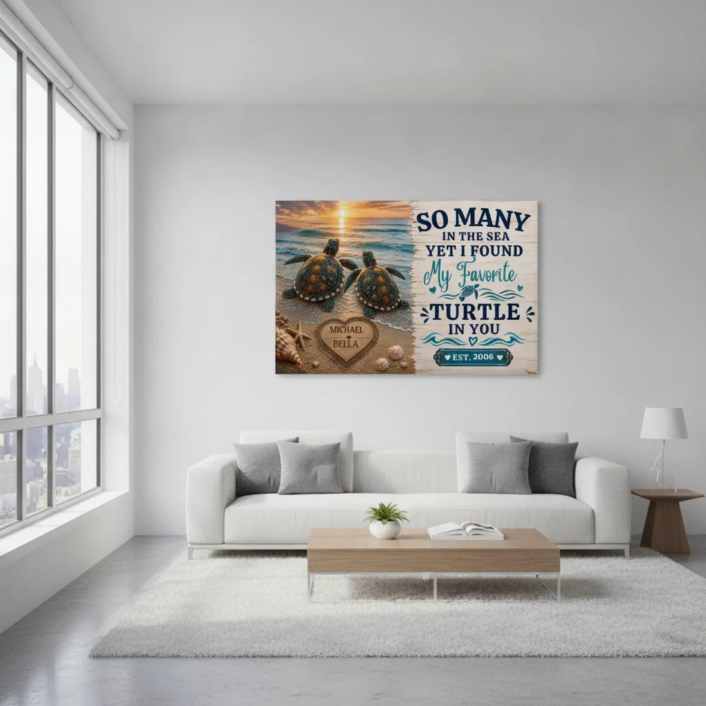 Personalized Sea Turtle Couple Canvas | Custom Names & Date Ocean Wall Art | Romantic Beach Anniversary Gift for Couples