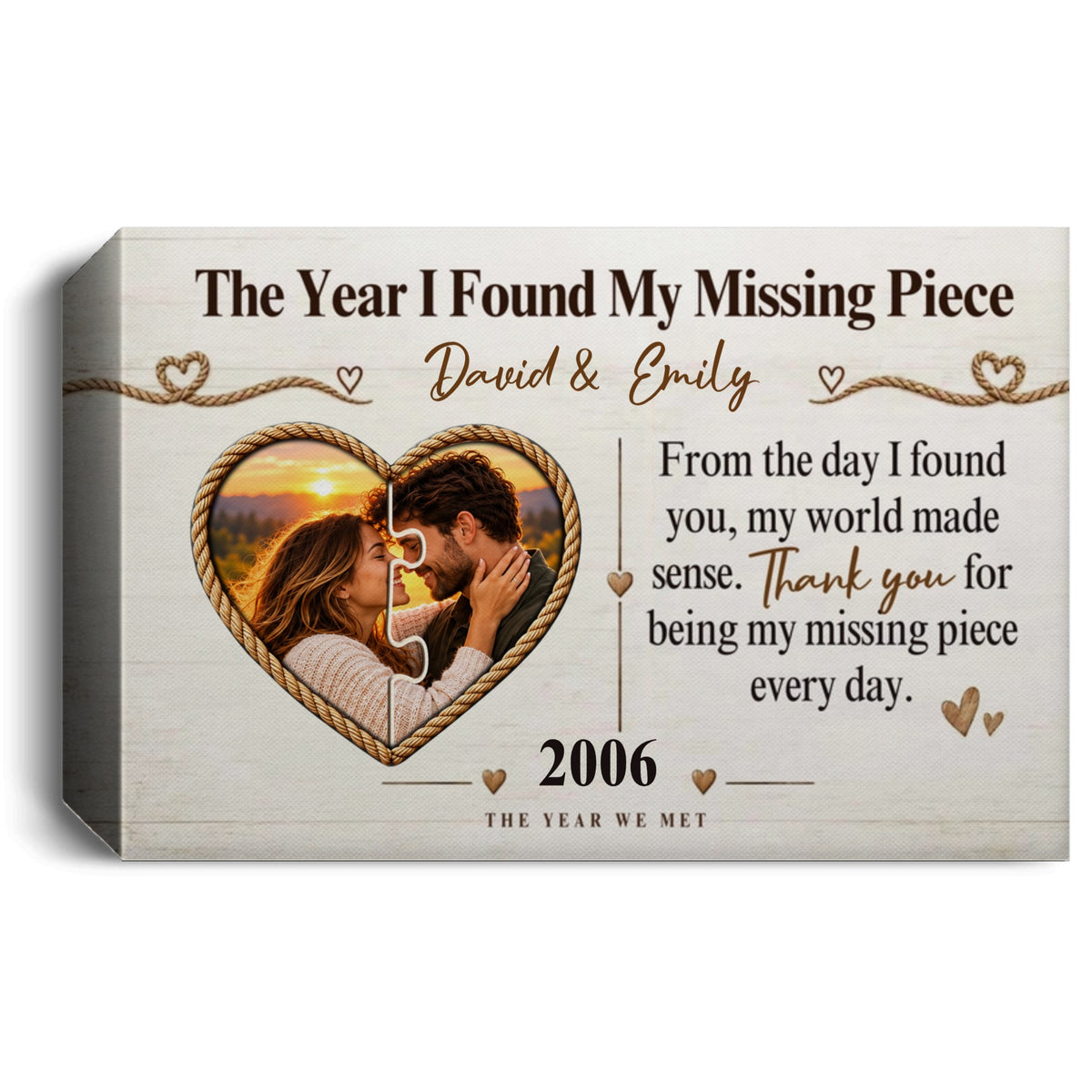 Personalized Missing Piece Couple Canvas, Custom Photo Anniversary Wall Art, Romantic Soulmate Gift with Names and Year