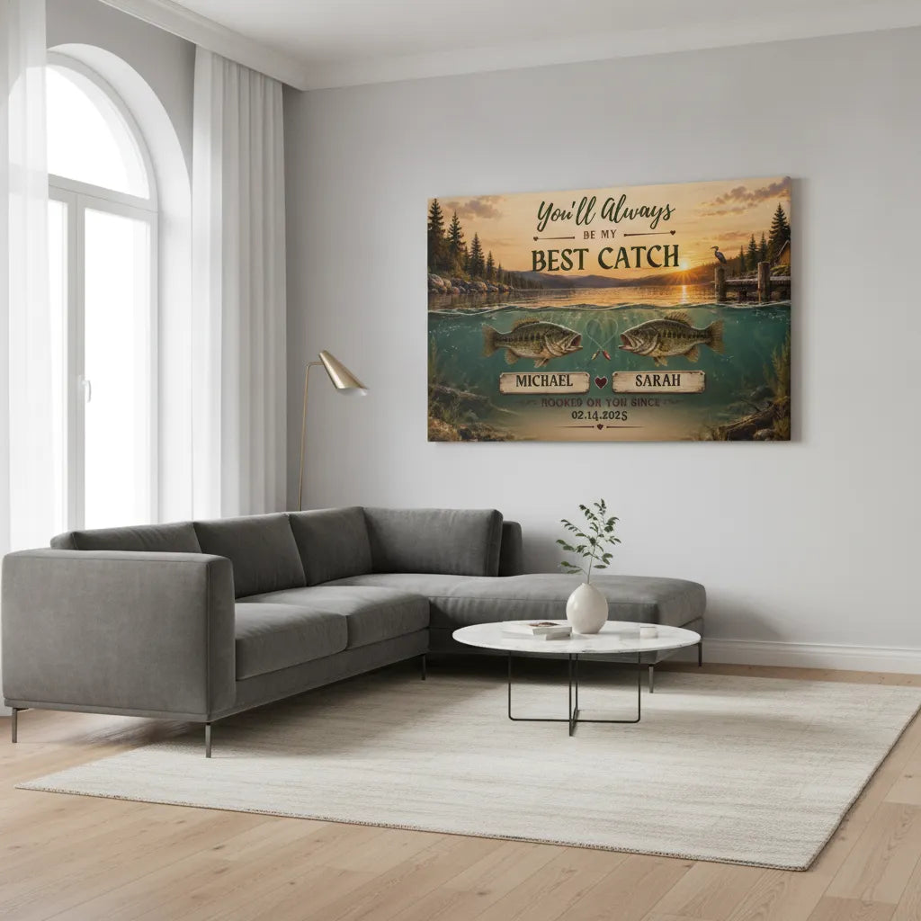 Personalized Fishing Couple Canvas | Custom Names & Date Best Catch Wall Art | Rustic Lake Anniversary Gift for Fishermen