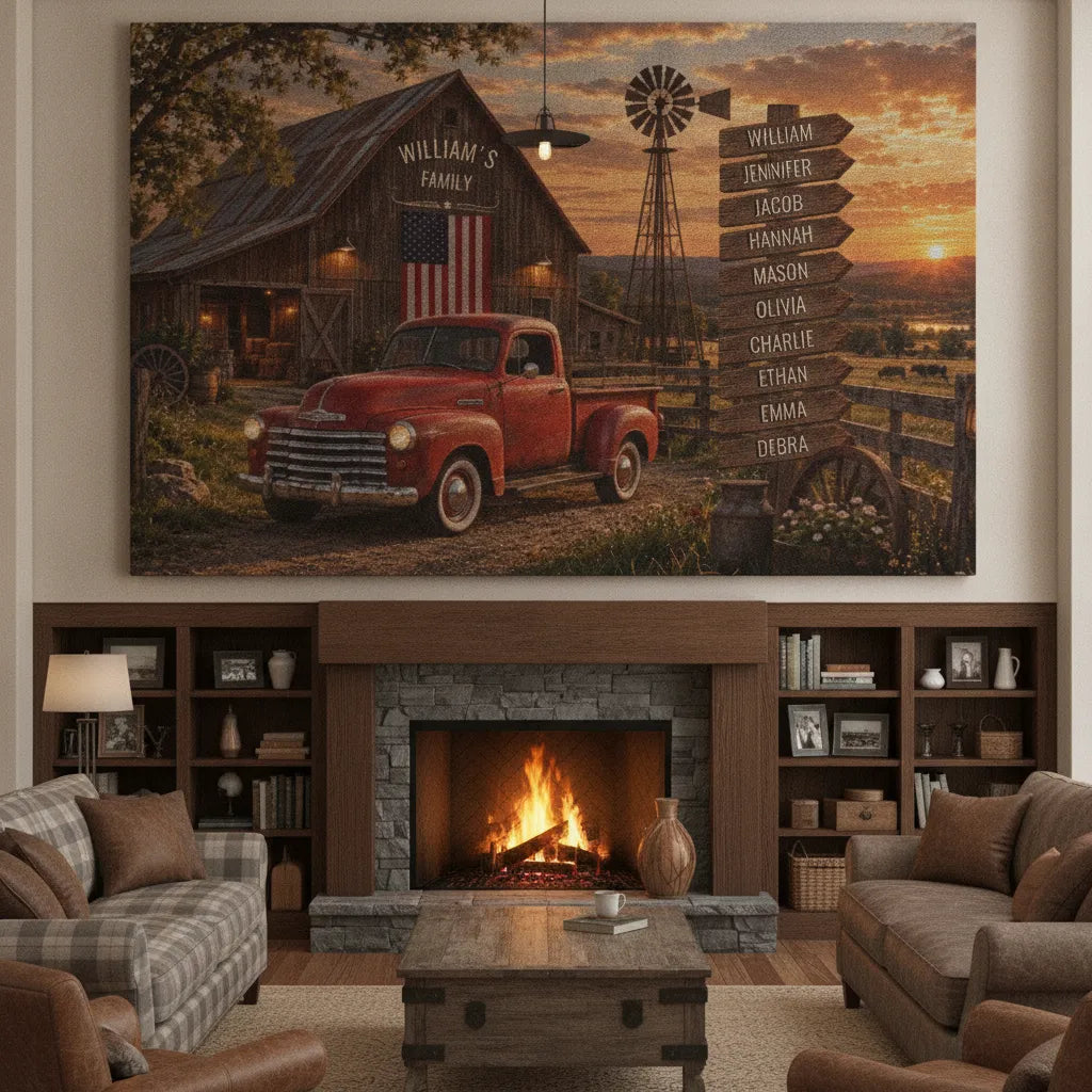 Personalized Family Farmhouse Canvas | Custom Family Name Sign with Wooden Name Boards & Vintage Red Truck | Rustic Country Wall Art
