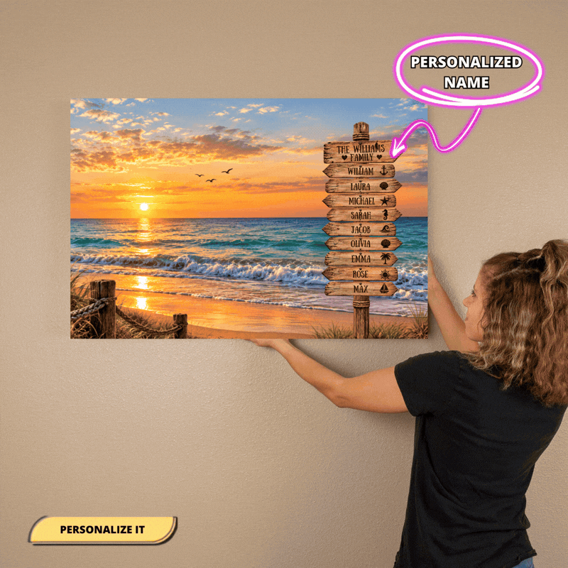 Personalized Family Beach Canvas | Custom Family Names Coastal Sunset Wall Art | Rustic Ocean Family Home Decor Gift