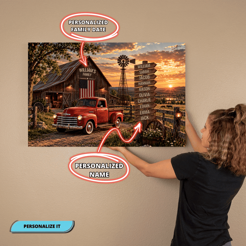 Personalized Family Farmhouse Canvas | Custom Family Name Sign with Wooden Name Boards & Vintage Red Truck | Rustic Country Wall Art