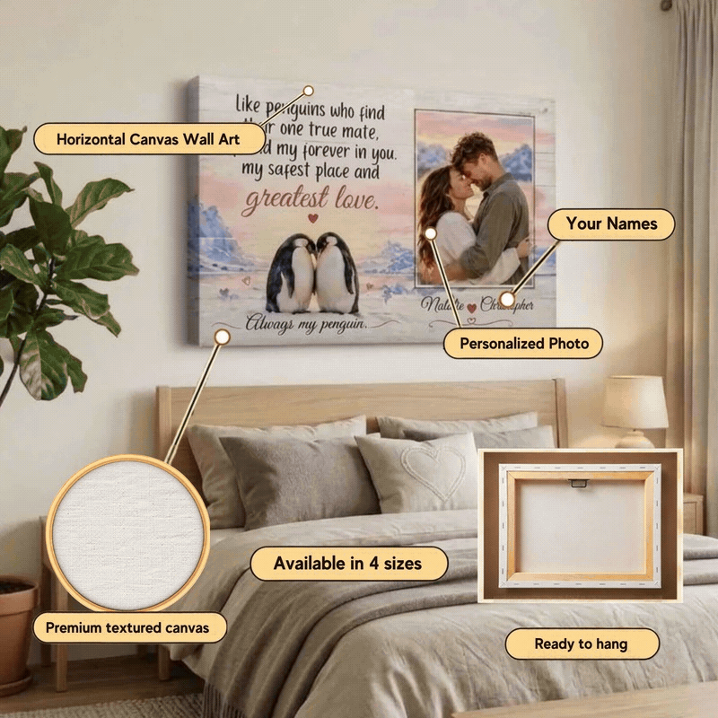 Personalized Penguin Couple Canvas, Custom Photo Love Wall Art, Always My Penguin Romantic Anniversary Gift
